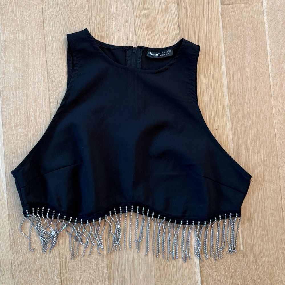 SHEIN Black Crop Top with Silver Bedazzled Fringe
